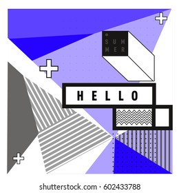 Trendy vector summer cards illustration with line elements and abstract colorful textures. Design for poster, card, invitation, brochure, and promotion template. Fashion art print and background.