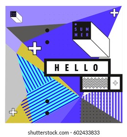 Trendy vector summer cards illustration with line elements and abstract colorful textures. Design for poster, card, invitation, brochure, and promotion template. Fashion art print and background.