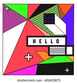 Trendy vector summer cards illustration with line elements and abstract colorful textures. Design for poster, card, invitation, brochure, and promotion template. Fashion art print and background.
