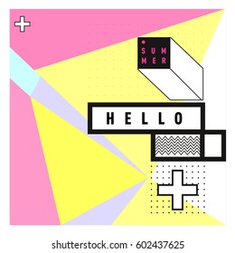 Trendy vector summer cards illustration with line elements and abstract colorful textures. Design for poster, card, invitation, brochure, and promotion template. Fashion art print and background.