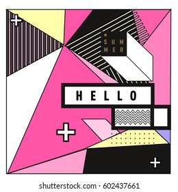 Trendy vector summer cards illustration with line elements and abstract colorful textures. Design for poster, card, invitation, brochure, and promotion template. Fashion art print and background.