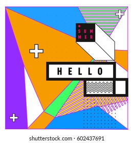 Trendy vector summer cards illustration with line elements and abstract colorful textures. Design for poster, card, invitation, brochure, and promotion template. Fashion art print and background.