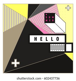 Trendy vector summer cards illustration with line elements and abstract colorful textures. Design for poster, card, invitation, brochure, and promotion template. Fashion art print and background.