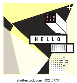 Trendy vector summer cards illustration with line elements and abstract colorful textures. Design for poster, card, invitation, brochure, and promotion template. Fashion art print and background.