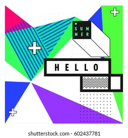 Trendy vector summer cards illustration with line elements and abstract colorful textures. Design for poster, card, invitation, brochure, and promotion template. Fashion art print and background.