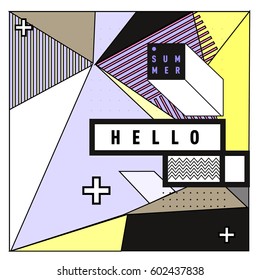 Trendy vector summer cards illustration with line elements and abstract colorful textures. Design for poster, card, invitation, brochure, and promotion template. Fashion art print and background.