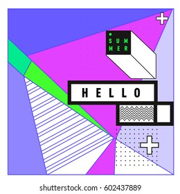 Trendy vector summer cards illustration with line elements and abstract colorful textures. Design for poster, card, invitation, brochure, and promotion template. Fashion art print and background.