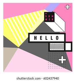 Trendy vector summer cards illustration with line elements and abstract colorful textures. Design for poster, card, invitation, brochure, and promotion template. Fashion art print and background.