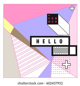 Trendy vector summer cards illustration with line elements and abstract colorful textures. Design for poster, card, invitation, brochure, and promotion template. Fashion art print and background.