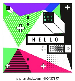 Trendy vector summer cards illustration with line elements and abstract colorful textures. Design for poster, card, invitation, brochure, and promotion template. Fashion art print and background.