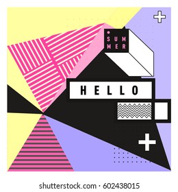 Trendy vector summer cards illustration with line elements and abstract colorful textures. Design for poster, card, invitation, brochure, and promotion template. Fashion art print and background.