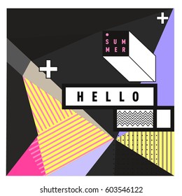 Trendy vector summer cards illustration with line elements and abstract colorful textures. Design for poster, card, invitation, brochure, and promotion template. Fashion art print and background.