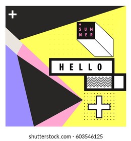 Trendy vector summer cards illustration with line elements and abstract colorful textures. Design for poster, card, invitation, brochure, and promotion template. Fashion art print and background.