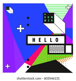 Trendy vector summer cards illustration with line elements and abstract colorful textures. Design for poster, card, invitation, brochure, and promotion template. Fashion art print and background.