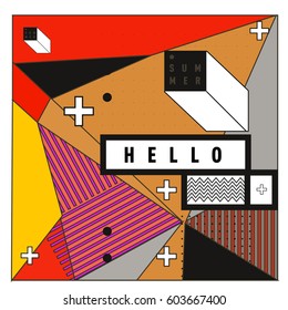 Trendy vector summer cards illustration with line elements and abstract colorful textures. Design for poster, card, invitation, brochure, and promotion template. Fashion art print and background.