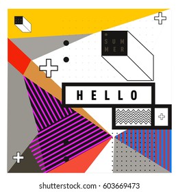 Trendy vector summer cards illustration with line elements and abstract colorful textures. Design for poster, card, invitation, brochure, and promotion template. Fashion art print and background.