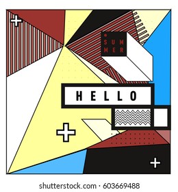 Trendy vector summer cards illustration with line elements and abstract colorful textures. Design for poster, card, invitation, brochure, and promotion template. Fashion art print and background.