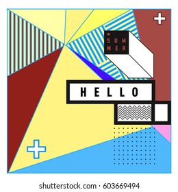 Trendy vector summer cards illustration with line elements and abstract colorful textures. Design for poster, card, invitation, brochure, and promotion template. Fashion art print and background.