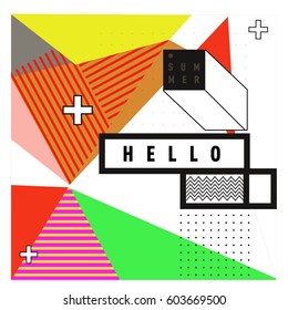 Trendy vector summer cards illustration with line elements and abstract colorful textures. Design for poster, card, invitation, brochure, and promotion template. Fashion art print and background.