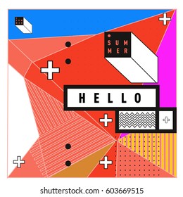 Trendy vector summer cards illustration with line elements and abstract colorful textures. Design for poster, card, invitation, brochure, and promotion template. Fashion art print and background.