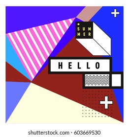 Trendy vector summer cards illustration with line elements and abstract colorful textures. Design for poster, card, invitation, brochure, and promotion template. Fashion art print and background.