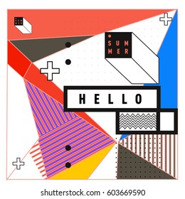 Trendy vector summer cards illustration with line elements and abstract colorful textures. Design for poster, card, invitation, brochure, and promotion template. Fashion art print and background.