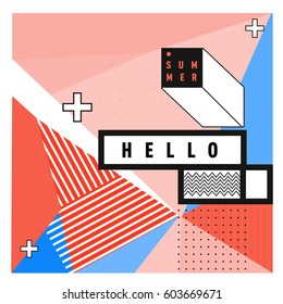 Trendy vector summer cards illustration with line elements and abstract colorful textures. Design for poster, card, invitation, brochure, and promotion template. Fashion art print and background.