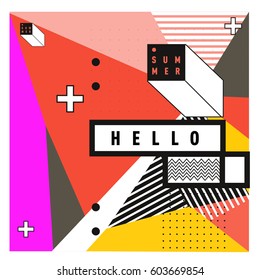 Trendy vector summer cards illustration with line elements and abstract colorful textures. Design for poster, card, invitation, brochure, and promotion template. Fashion art print and background.