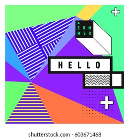 Trendy vector summer cards illustration with line elements and abstract colorful textures. Design for poster, card, invitation, brochure, and promotion template. Fashion art print and background.