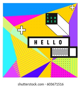 Trendy vector summer cards illustration with line elements and abstract colorful textures. Design for poster, card, invitation, brochure, and promotion template. Fashion art print and background.