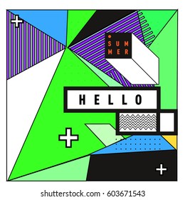 Trendy vector summer cards illustration with line elements and abstract colorful textures. Design for poster, card, invitation, brochure, and promotion template. Fashion art print and background.