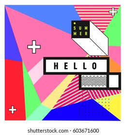 Trendy vector summer cards illustration with line elements and abstract colorful textures. Design for poster, card, invitation, brochure, and promotion template. Fashion art print and background.