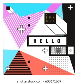 Trendy vector summer cards illustration with line elements and abstract colorful textures. Design for poster, card, invitation, brochure, and promotion template. Fashion art print and background.