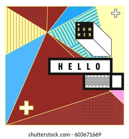 Trendy vector summer cards illustration with line elements and abstract colorful textures. Design for poster, card, invitation, brochure, and promotion template. Fashion art print and background.