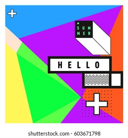 Trendy vector summer cards illustration with line elements and abstract colorful textures. Design for poster, card, invitation, brochure, and promotion template. Fashion art print and background.