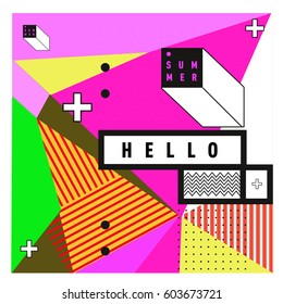 Trendy vector summer cards illustration with line elements and abstract colorful textures. Design for poster, card, invitation, brochure, and promotion template. Fashion art print and background.