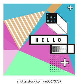 Trendy vector summer cards illustration with line elements and abstract colorful textures. Design for poster, card, invitation, brochure, and promotion template. Fashion art print and background.