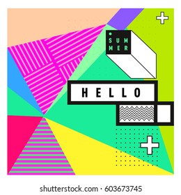 Trendy vector summer cards illustration with line elements and abstract colorful textures. Design for poster, card, invitation, brochure, and promotion template. Fashion art print and background.