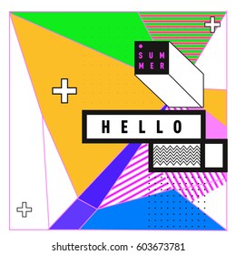 Trendy vector summer cards illustration with line elements and abstract colorful textures. Design for poster, card, invitation, brochure, and promotion template. Fashion art print and background.