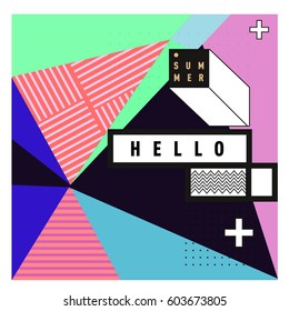 Trendy vector summer cards illustration with line elements and abstract colorful textures. Design for poster, card, invitation, brochure, and promotion template. Fashion art print and background.