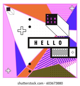 Trendy vector summer cards illustration with line elements and abstract colorful textures. Design for poster, card, invitation, brochure, and promotion template. Fashion art print and background.