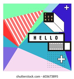 Trendy vector summer cards illustration with line elements and abstract colorful textures. Design for poster, card, invitation, brochure, and promotion template. Fashion art print and background.