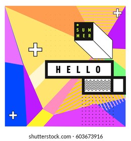 Trendy vector summer cards illustration with line elements and abstract colorful textures. Design for poster, card, invitation, brochure, and promotion template. Fashion art print and background.