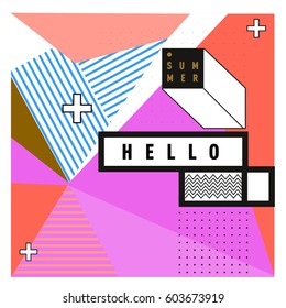 Trendy vector summer cards illustration with line elements and abstract colorful textures. Design for poster, card, invitation, brochure, and promotion template. Fashion art print and background.