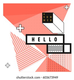 Trendy vector summer cards illustration with line elements and abstract colorful textures. Design for poster, card, invitation, brochure, and promotion template. Fashion art print and background.