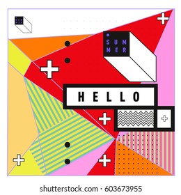 Trendy vector summer cards illustration with line elements and abstract colorful textures. Design for poster, card, invitation, brochure, and promotion template. Fashion art print and background.