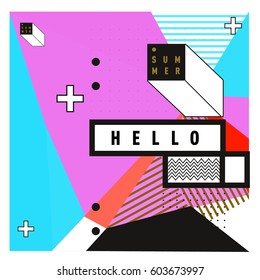 Trendy vector summer cards illustration with line elements and abstract colorful textures. Design for poster, card, invitation, brochure, and promotion template. Fashion art print and background.