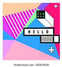 Trendy vector summer cards illustration with line elements and abstract colorful textures. Design for poster, card, invitation, brochure, and promotion template. Fashion art print and background.