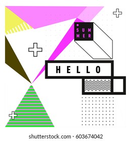 Trendy vector summer cards illustration with line elements and abstract colorful textures. Design for poster, card, invitation, brochure, and promotion template. Fashion art print and background.