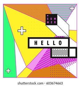 Trendy vector summer cards illustration with line elements and abstract colorful textures. Design for poster, card, invitation, brochure, and promotion template. Fashion art print and background.